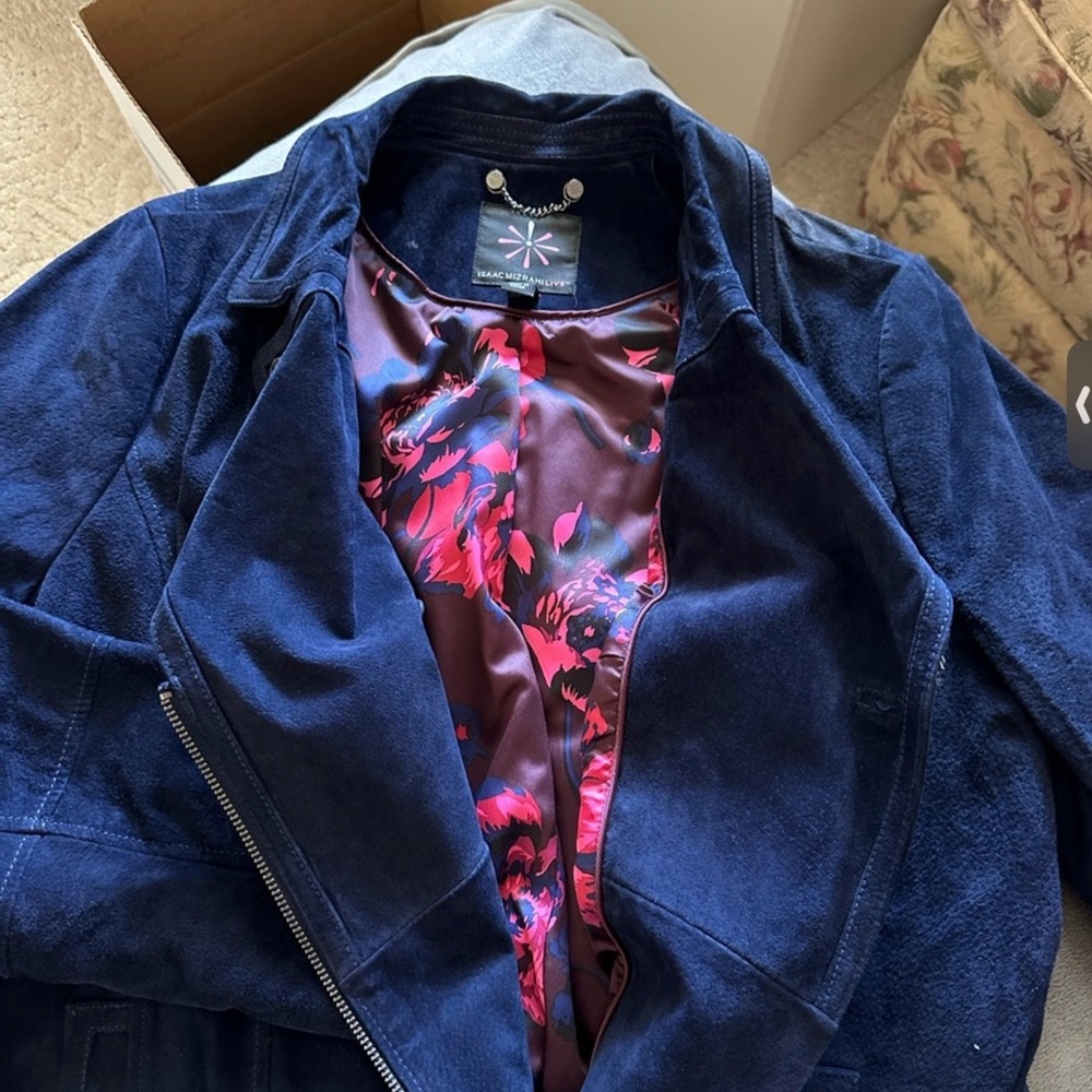 NWT Isaac Mizrahi Suede Blue/Navy Leather Moto Jacket 24W gorgeous satin inside!